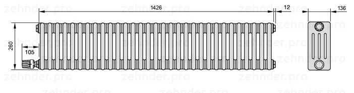 Схема (чертеж) Радиатор Zehnder Charleston 4026/31 №V003 Белый глянцевый RAL 9016